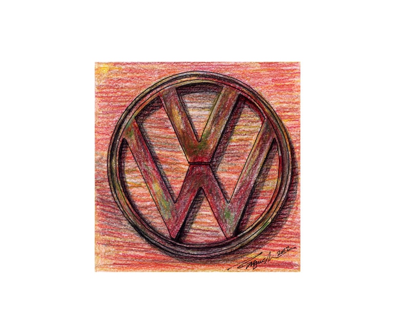 033-VW Vokswagen 8x10, 16X20 Print Emblem in Color Pencil Limited Edition Run of 50