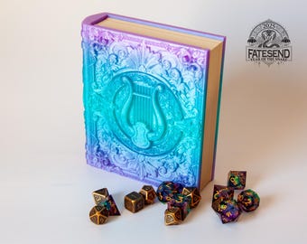 FatesEnd "Bardic Tome" – Custom Storage Book with Tray | Mermaid Elixir Iridescent Finish | Jewelry Box | Dice Vault | Lyre Design