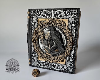 FatesEnd "Nevermore Tome" – Raven Storage Book with Tray | Matte Black with Rub ‘n Buff Accents | Gothic Decor | Dice Vault | Jewelry Box