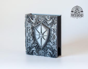 FatesEnd "Paladin's Oath Tome" – Shield Insignia Storage Book & Tray | Dual Granite Silk Finish | Jewelry Box | Dice Vault | TTRPG-Inspired