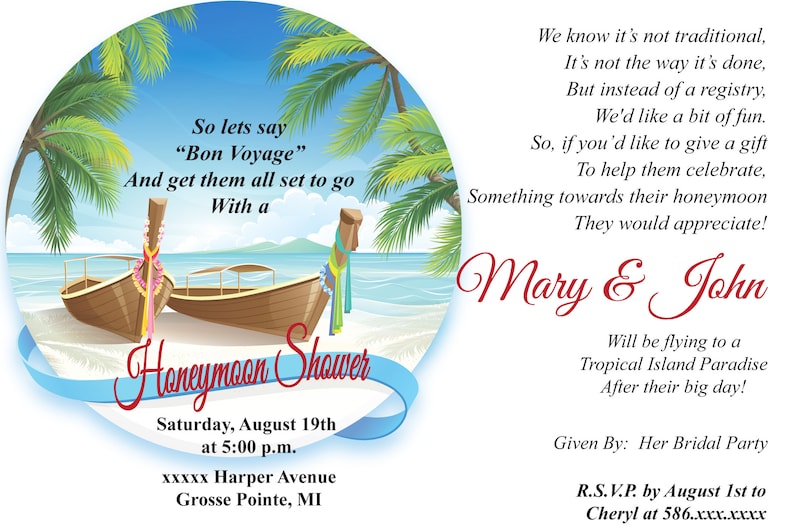 Honeymoon Theme Bridal Shower Invitation each WITH ENVELOPES Etsy