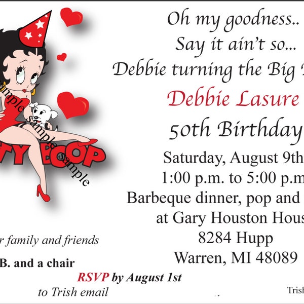 Betty Boop 50th Theme birthday "EACH" Invitation  (WITH ENVELOPES)