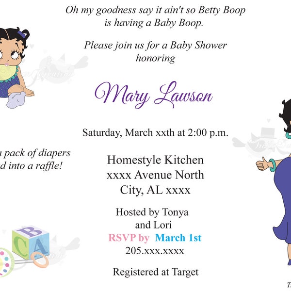 Betty Boop  theme Baby Shower Invitation "EACH" (WITH ENVELOPES)