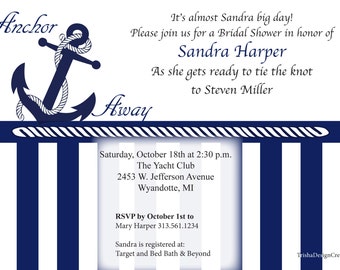 Nautical or Anchor Away Theme Bridal Shower "Printable" Invitation