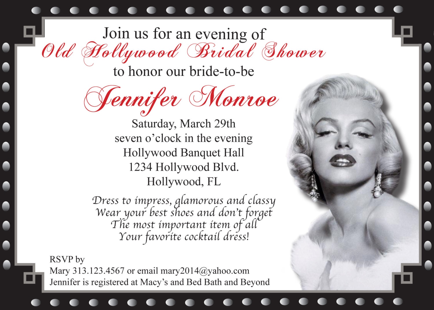 Old Hollywood Theme Bridal Shower Invitation each WITH ENVELOPES Etsy