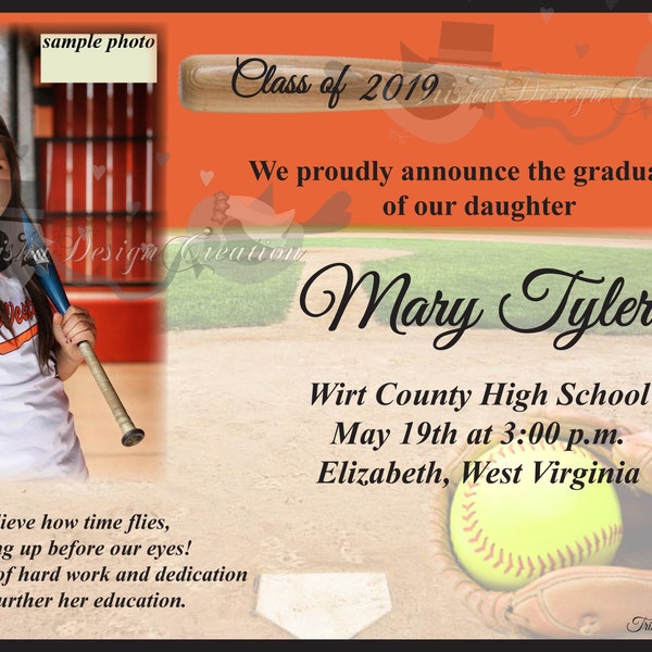 Graduation "Softball theme " Announcement or Invitation "printable