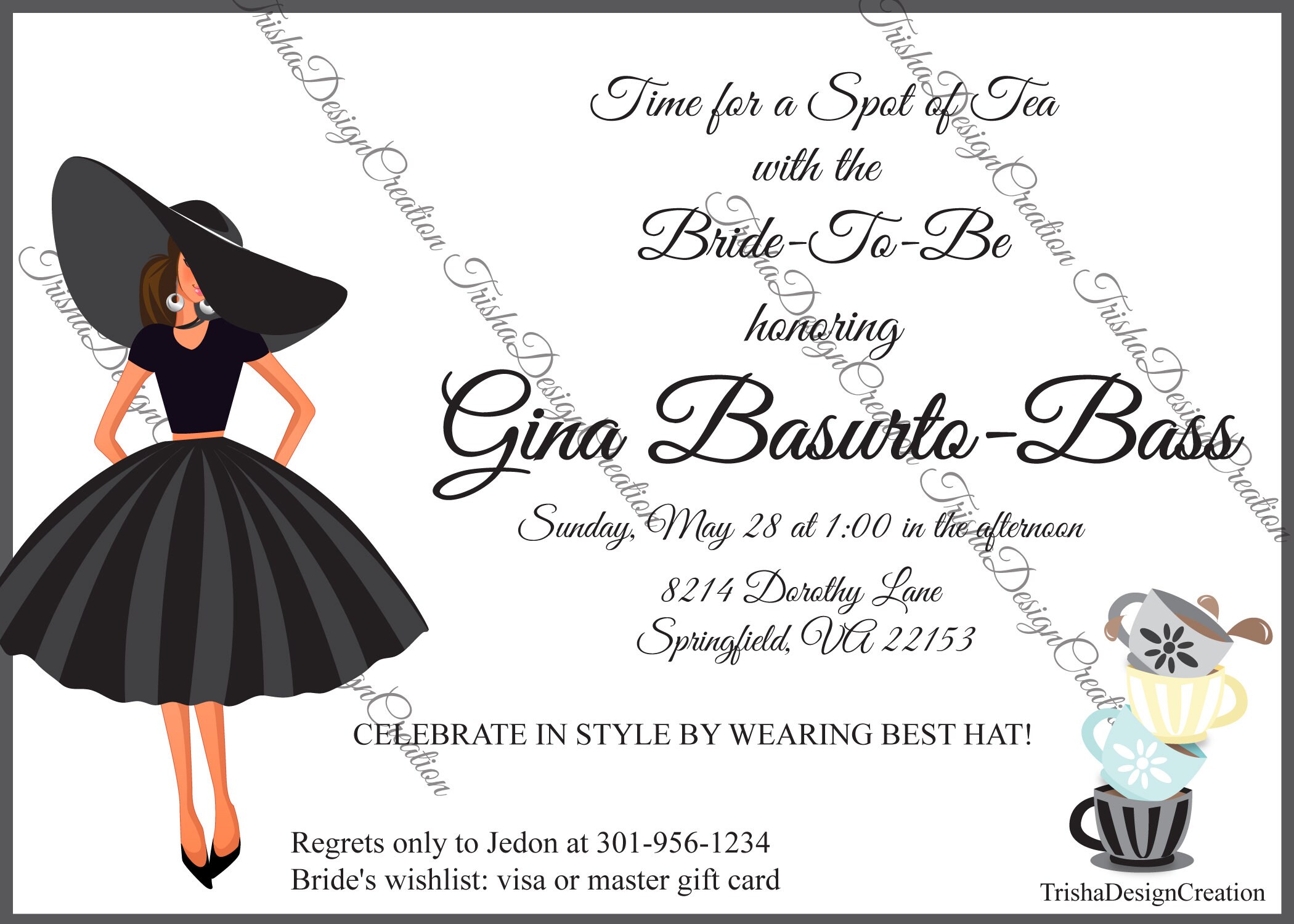 Spot of Tea Big Hats Theme Bridal Shower Invitation each WITH ENVELOPES