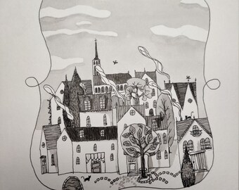 original painting - The little village - ink on paper - 28x21 cm