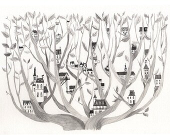 Original painting on paper - We would live in a tree - watercolor on paper - 23.7x30 cm - signed