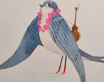 Original painting on paper - The swallow with the guitar - watercolor -