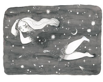 Original painting on paper - Sleeper with stars - original watercolor - 31x41 cm - signed