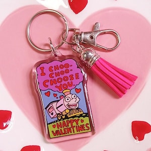 I Choo-Choo Choose You Valentijnsdagkaart sleutelhanger, grappige sleutelhanger kwastje accessoire 90's kindercadeau