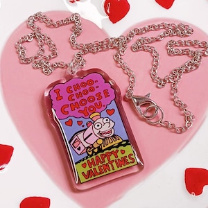 I Choo-Choo Choose You Valentine’s Day Card Pendant Necklace, Funny Valentine Jewelry Accessory 90&#39;s Kid Gift