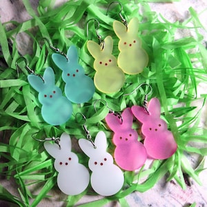 Easter Bunny Peeps Dangle Earrings Spring Basket Gift, Whimsical Marshmallow Candy Jewelry