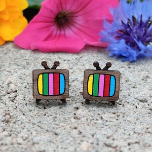 Little Retro CRT TV Color Test Bars Wood Stud Earrings, Tiny Vintage Television Console Studs, TV Jewelry