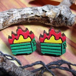 Funny Little Dumpster Fire Stud Earrings, Flaming Trash Garbage Can, Life Stress Statement Jewelry