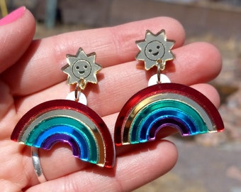 Big Golden Happy Sunshine Rainbow Stud Dangle Earrings, Spring Summer Smile Face Shiny Mirror Rainbow Statement Jewelry