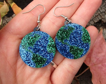 Earth Planet Glitter Dangle Earrings, Flat Earth, Earth Day, World Globe Space Astrology Earthling Statement Earrings