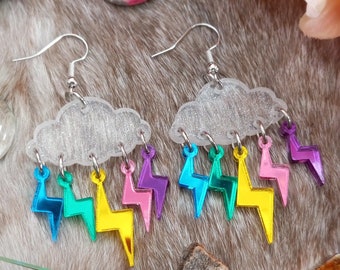 Rainbow Glitter Cloud Shiny Lightning Pride Dangle Earrings, Colorful Spring Summer Weather Rain Clouds Statement Jewelry