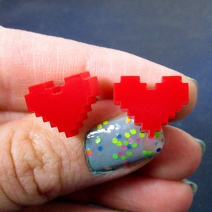 Red 8 Bit Pixel Life Heart Video Game Stud Earrings, Red Heart Gamer Unisex Valentines Day Gift Jewelry image 1