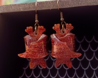 Upside Down Hanging Brown Glitter Bat Earrings, Big Halloween Sleeping Bats Dangle Earrings Jewelry