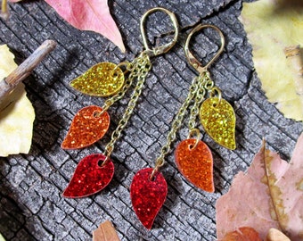 Autumn Fall Dangling Glitter Leaves Closed Lever Back OR Clip Ons Earrings, Red Orange Yellow Leaf Earrings, Hypoallergenic Fall Jewelry