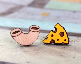 Cute Wooden Mac & Cheese Mismatched Wood Stud Earrings, Macaroni Noodle and Yellow Cheese Wedge Mismatch Earring Studs Pair Jewelry