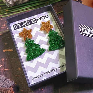 Gold Glitter Star Christmas Tree Stud Earrings, Shiny Christmas Star Tree Ornament Dangle Earrings