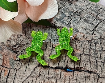 Bright Green Glitter Jumping Frog Stud Earrings, Spooky Toad Chartreuse Green Sparkle Studs Jewelry