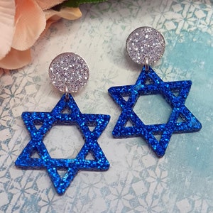 Glitter Blue Star of David Stud Earrings, Big Large Shiny Hanukkah Festival of Lights Dangle Earrings Jewelry
