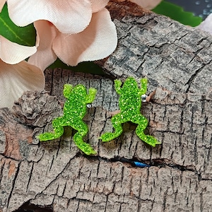 Bright Green Glitter Jumping Frog Stud Earrings, Spooky Toad Chartreuse Green Sparkle Studs Jewelry