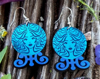 Big Blue Haunted Madame Fortune Teller Mystic Face Mansion Inspired Dangle Earrings Jewelry