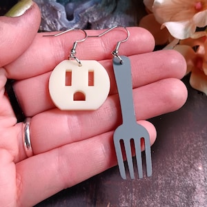 Weird Mismatched Fork & Outlet Earrings, Funny Dark Humor Acrylic Jewelry
