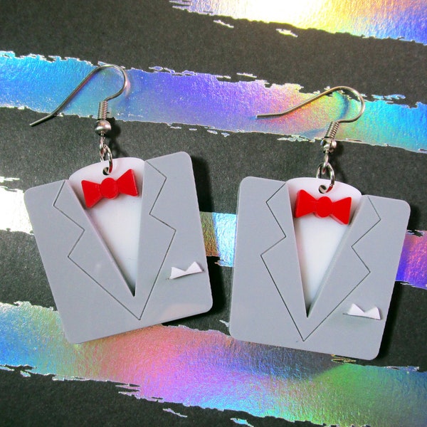 Funny Retro TV Show Gray Suit with Red Bow Tie Dangle Earrings, Costume Jewelry Statement Cosplay Earrings