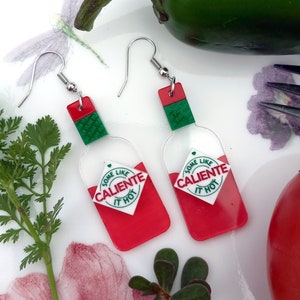 Funny Hot Sauce Bottle Dangle Earrings, Some Like it Hot Muy Caliente Sauce Style Bottle Earrings Spicy Jewelry