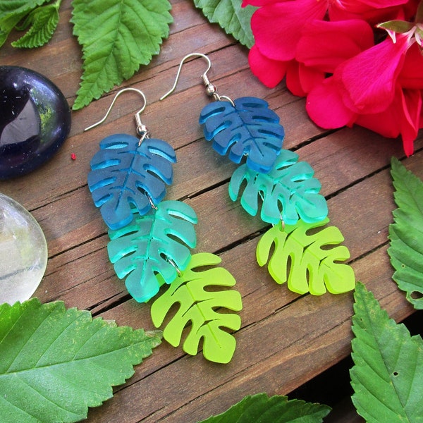 Monstera Leaf Tropical Leaves Cascading Dangle Earrings, Teal Green Chartreuse, Summer Luau Beach Jewelry