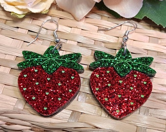 Big Glitter Strawberry Dangle Earrings, Large Strawberries Decora Statement Earrings, Party Rave Earrings, Berry Food Jewelry