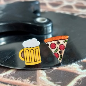 Beer and Pizza Mismatched Wood Stud Earrings, Beer Stein Glass and Pepperoni Pizza Slice Funny Mismatch Bar Food Jewelry