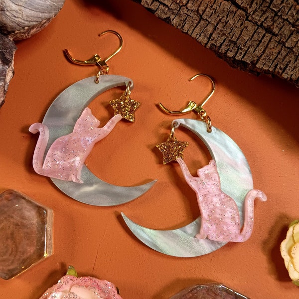 Big Dreamy Pearlescent Crescent Moon Pink Cat Dangle Earrings, Large Cat Moon Acrylic Harajuku Decora Jewelry