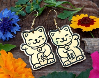 Golden Waving Lucky Cat Maneki Neko Dangle Earrings, Japanese Fortune Cat Waving Arm for Money and Good Luck Gold Statement Jewelry