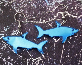 Great Blue Shark Earrings, Shark Week, Mirrored Blue Acrylic, Shark Statement Dangle Earrings, Marine Animal Aquatic