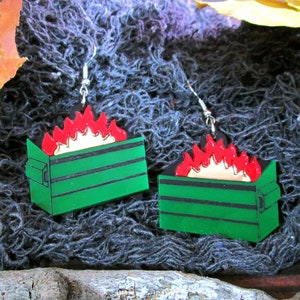 Funny Green Dumpster Fire Burning Trash Garbage Dangle Earrings, Set Your Problems on Fire, Life is Like a Dumpster Fire Jewelry