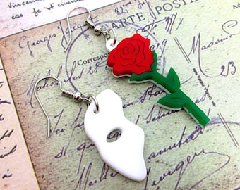Phantom of the Opera Mask and Rose Mismatch Earrings, Theater Musical Stage Jewelry
