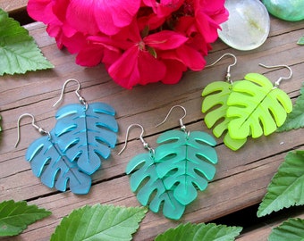 Tropical Monstera Leaf Dangle Earrings, Luau Beach Jewelry