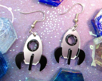 Outer Space Shiny Silver Mirror Rocket Ship Dangle Earrings, Spaceship Rocket Space Cadet Astronaut Jewelry