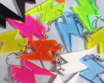 Neon Colors, White or Black Lightning Bolt Pendant Nickel Free Dangle Earrings, Cheap Inexpensive Rave Jewelry