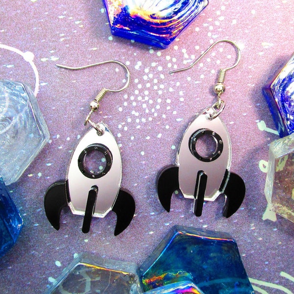 Outer Space Shiny Silver Mirror Rocket Ship Dangle Earrings, Spaceship Rocket Space Cadet Astronaut Jewelry