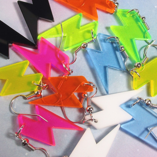 Neon Colors, White or Black Lightning Bolt Pendant Nickel Free Dangle Earrings, Cheap Inexpensive Rave Jewelry