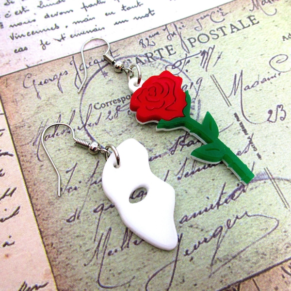 Phantom of the Opera Mask and Rose Mismatch Earrings, Theater Musical Stage Jewelry