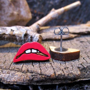 Little Rocky Horror Red Biting Lips Stud Earrings, Scary Movie Sexy Lips Studs Jewelry